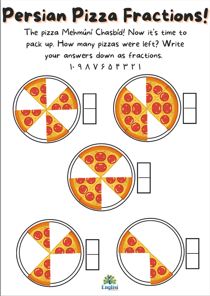 Persian Numbers Pizza Fractions Digital Download 📧 ۱ ۲ ۳ - Learn Persian